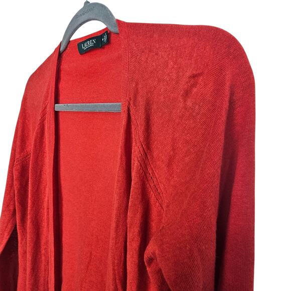 Lauren Ralph Lauren Womens Linen Sweater Cardigan Holiday Red Classic Preppy M - Picture 5 of 8